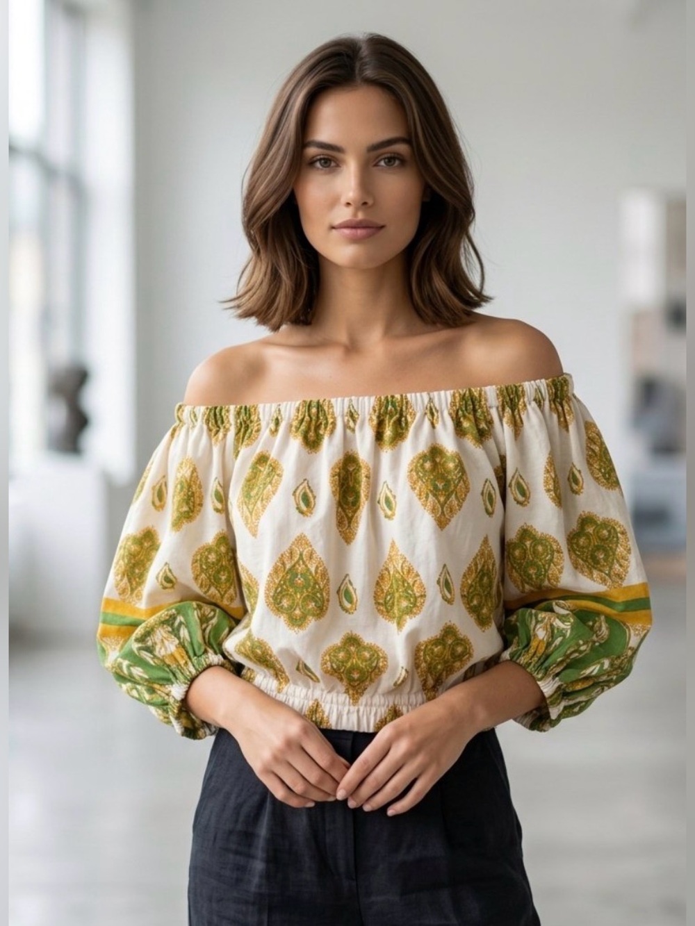 Haute Hippie Off-the-Shoulder Linen Blend Peasant Blouse Boho Cream Green | M